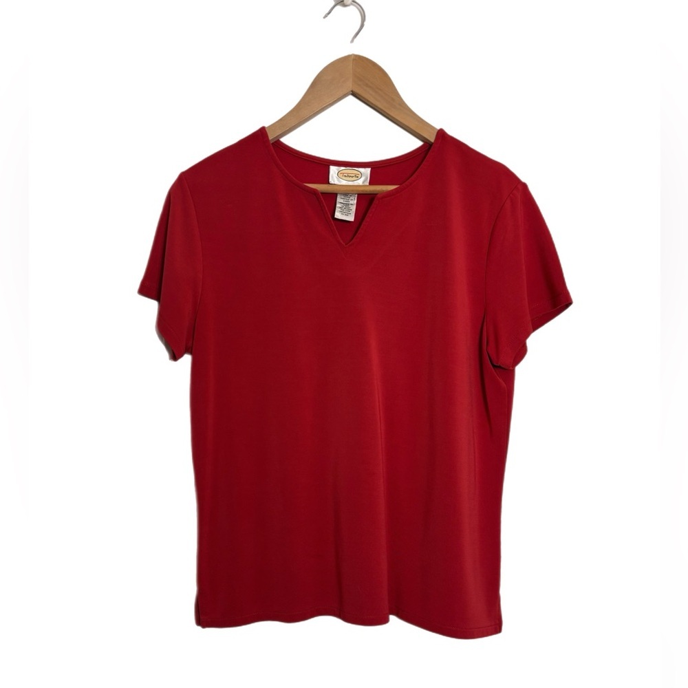 Talbots red notch neckline short sleeve stretchy blouse